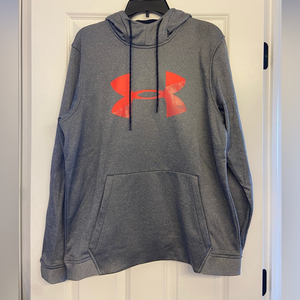 Under Armour men’s sweatshirt. Grey with red/orange logo. Size large. With hood.